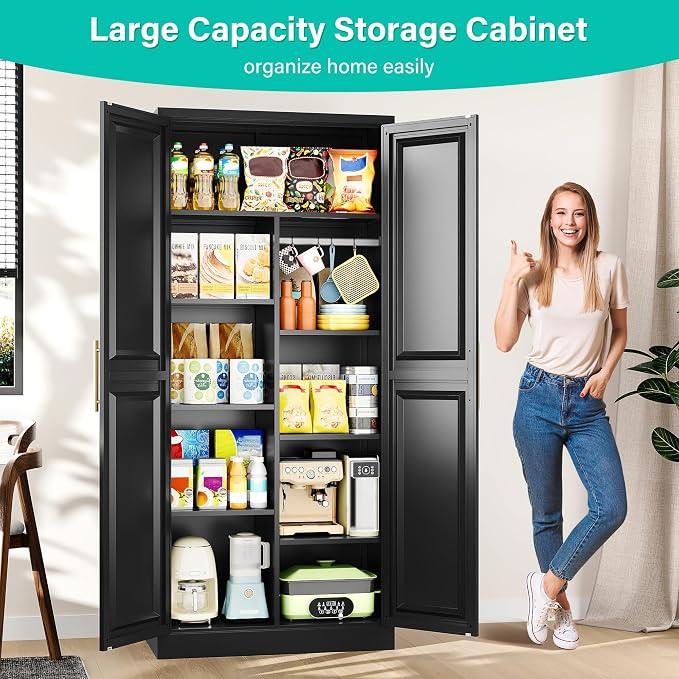 SISESOL 71" Tall Storage Cabinet with 9 Shelves and Hanging Rod,Kitchen Pantry Cabinet with 2 Door,Black Metal Storage Cabinets,Large Cupboard for Home,Kitchen,Laundry,Bathroom