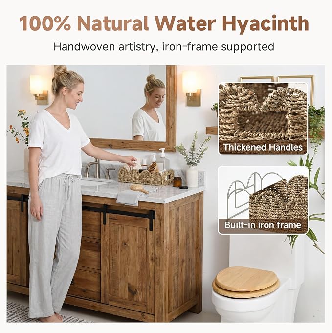 StorageWorks Wicker Scalloped Basket, Small Seagrass Baskets for Storage | Decorative Toilet Paper Basket with Handles for Countertops & Shelves, Back of Toilet Basket Tank Topper for Bathroom Decor