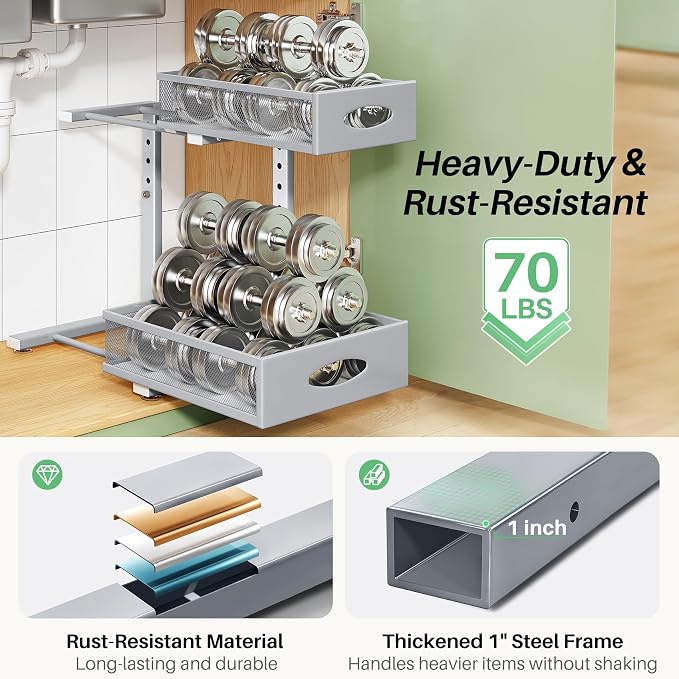Under Sink Organizer, 1-Pack Pull Out Cabinet Organizer 2 Tier Metal Slide Out Storage Shelf Rack, L-Shaped Adjustable Height,Mesh Sliding Drawer for Kitchen, Bathroom, Laundry, Pantry, Grey, XL