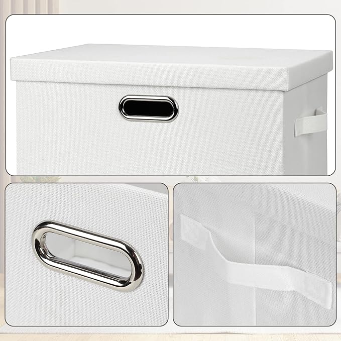 Storage Bins with Lids Fabric Closet Organizers Cubes Office Organization | 36 Quart 3 Pack White Collapsible Stackable Linen Fabric 4 Handles Bedroom Closet Cabinet Under Bed Clothes Toy Office File