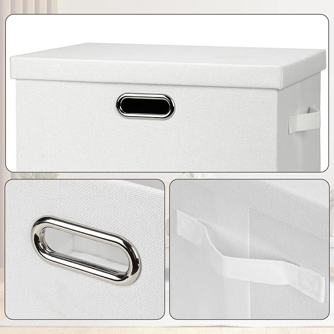 Graciadeco Large 17" 36 Quart Collapsible Stackable Storage Bins with Lids, 1 Pack White Foldable Fabric Closet Storage Boxes with Lids, 4 Handles Heavy-duty Linen Cube Baskets for Bedroom | 36 Quart 1 Pack White Collapsible Stackable Linen Fabric 4 Ha...