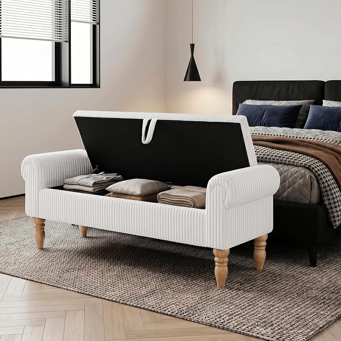 60" Corduroy Storage Bench, Queen End of Bed, White | Corduroy Upholstered, Bedroom/Entryway/Closet, Storage Ottoman Bench, Window Seat, Lift-Top, Tufted Button, Solid Wood Legs.