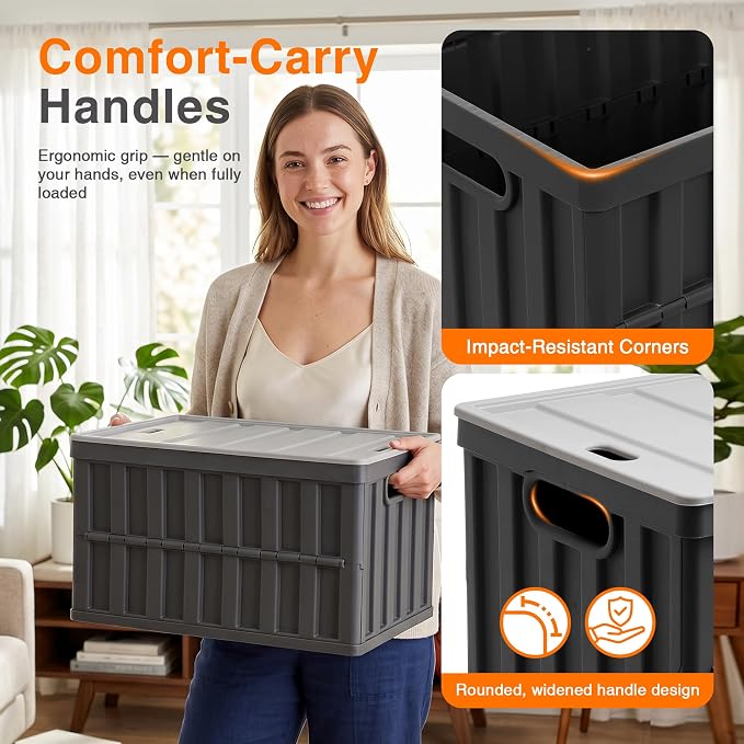 Citylife 64L Collapsible Storage Bins with Lids Plastic Storage Containers for Organizing Stackable Storage Box Large Heavy Duty Utility Crates, 2 Packs