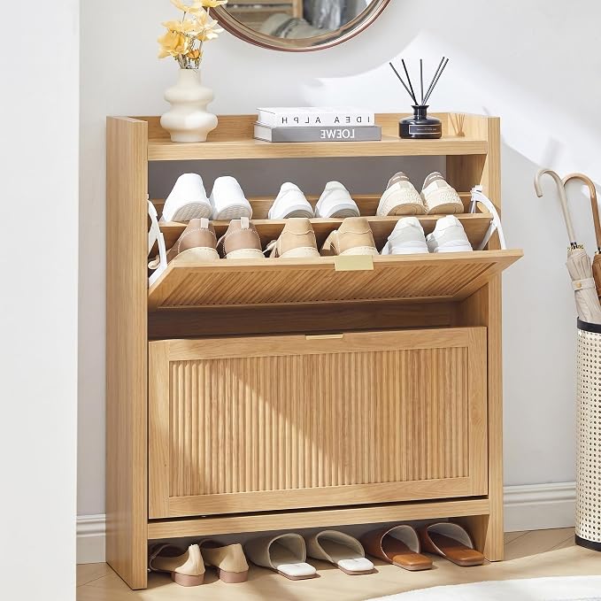 Fluted Shoe Storage Cabinet with 2 Flip Door for Entryway | Farmhouse, Natural color, Adjustable shelves, Tabletop guardrail, Freestanding shoe storage cabinet, for Entryway/hallway