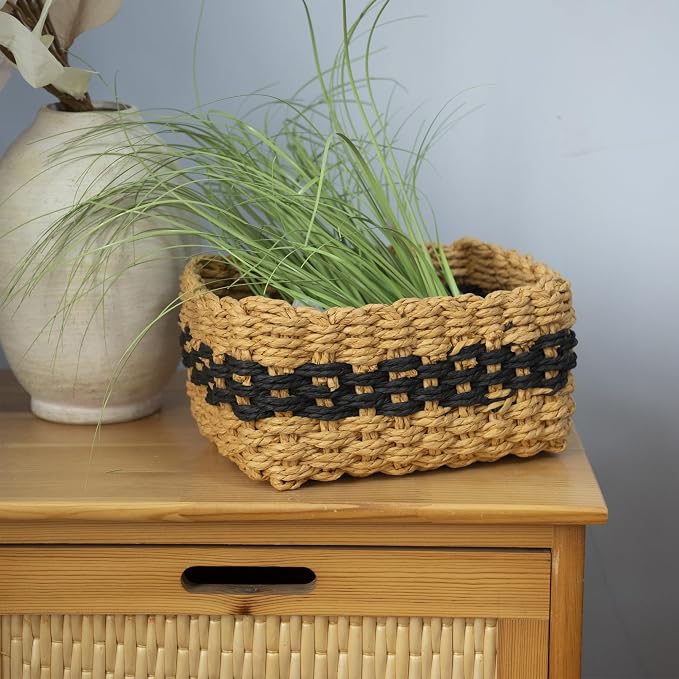 Small baskets for Organizing,Cute woven Storage basket with recycled paper rope for Shelves Bathroom,Little decorative basket,Set of 3 (Desert&Black)