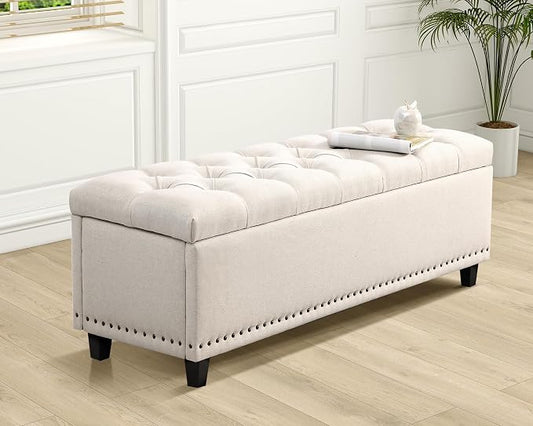 Grepatio 51" Ottoman Storage Benches, 30 Gallons End of Bed Storage Bench, Large Rectangular Ottoman, Button-Tufted Ottoman with Storage for Living Room Bedroom, Foot of Bed (Beige)