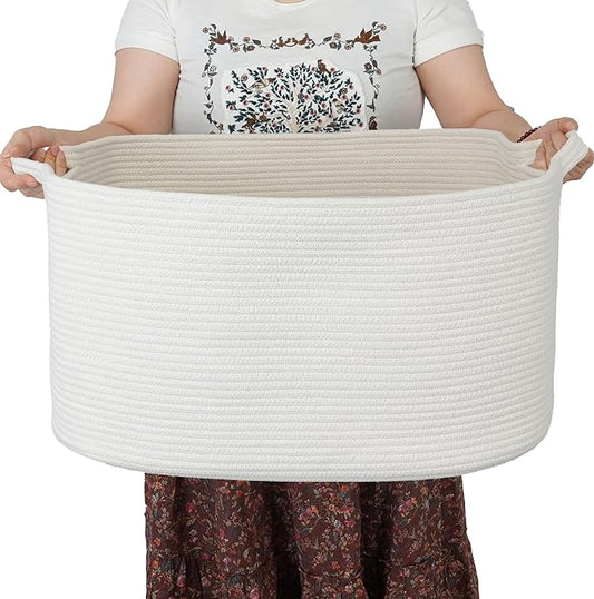 XUANGUO Large Rectangle Woven Cotton Rope Blanket Basket 22"x17"x12" White | Storage basket for nursery and living room; toy basket for kids, dog toy storage, or laundry basket for clothes and towels.
