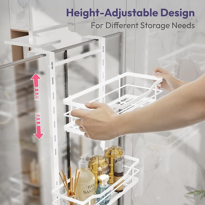 SWTYMIKI Over the Door Shower Caddy - 4 Tier Adjustable Shower Organizer Hanging with Soap Holder, No Drilling Stainless Steel Bathroom Rack Hanging for Body Wash, Shampoo, Soap, Razor, White