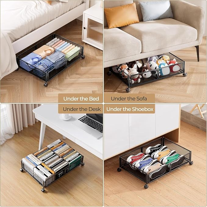 Yecaye Under Bed Storage with Wheels, 2 Pack Under Bed Shoe Storage Organizer Drawer, Tool-free Assembly Metal Underbed Storage Containers for Clothes, Shoes, Toys, Black