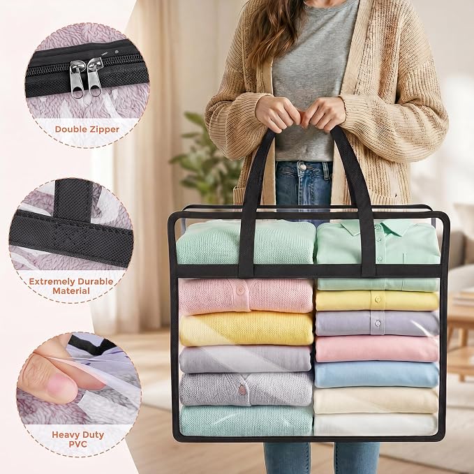 6 Pack Clear Storage Bags for Clothes, 40L Closet Organizers and Storage | Plastic storage with zipper and handle, moving bags, under-bed storage, closet organizer for blankets, comforters, toys