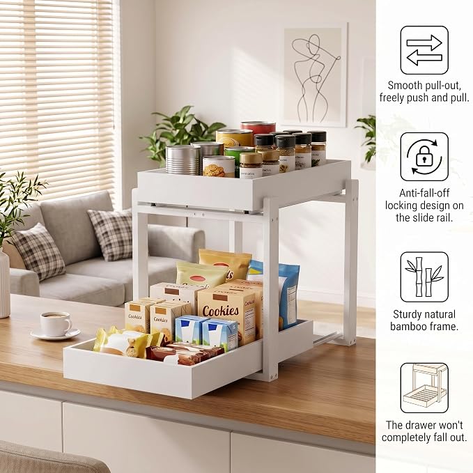 MHXW SXPN Bamboo Under Sink Organizer, 2 Pack Pull Out Cabinet Organizer | 2 Tier Vertical Smooth Slide Out Undersink Storage Shelf | Multi-Purpose Organizer Shelves for Kitchen Bathroom Medicine