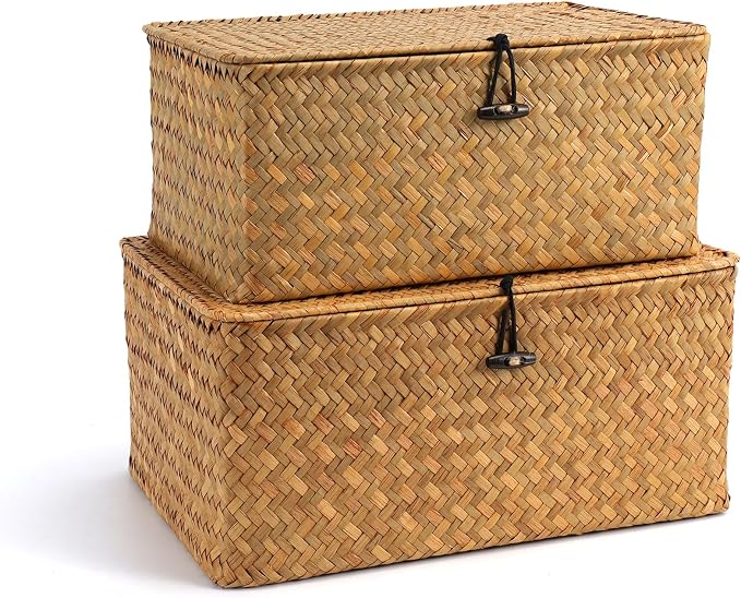 Nonam Storage Basket with Lid, Natural Seagrass Bin with Lid Set of 2, Shelf Baskets Multipurpose Container for Boho Decoration, Rectangular Household Storage Boxes for Home Organization-Natural