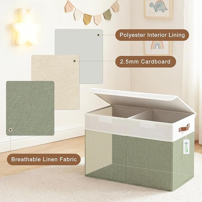 Bagnizer Large Toy Storage Box with Lids, Collapsible Sturdy Baby Storage Organizer Chest Bin Basket for Kids, Boys, Girls, Playroom, Nursery, Bedroom, Closet 25"x13"x16" (Green and White)