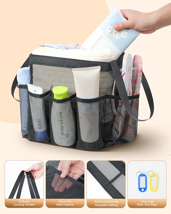 Temede Mesh Shower Caddy Portable for College Dorm Room Essentials | Large Capacity 8-Pocket Shower Tote Bag, Shower Basket with Quick-Dry and Dual Handles for Dorm, Gym, Beach, Travel, Camping