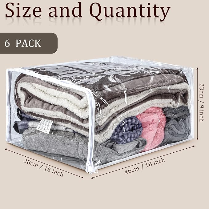 6 Packs Clear Zippered Storage Bags 18 x 15 x 9 Inch Sweater Moth Bags Vinyl Plastic Storage for Blankets Clothes Bed Sheet Organizer with Zipper for Closet Linen Sweater Clothes Comforters Pillow