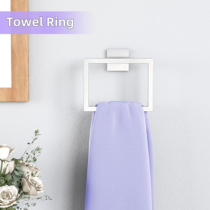 5-Pieces Bathroom Hardware Accessories Set, 24 Inch Stainless Steel Towel Racks for Bathroom, Towel Bar Set Towel Ring Coat Hook and Toilet Paper Holder with Shelf Wall Mounted, Brushed Silver
