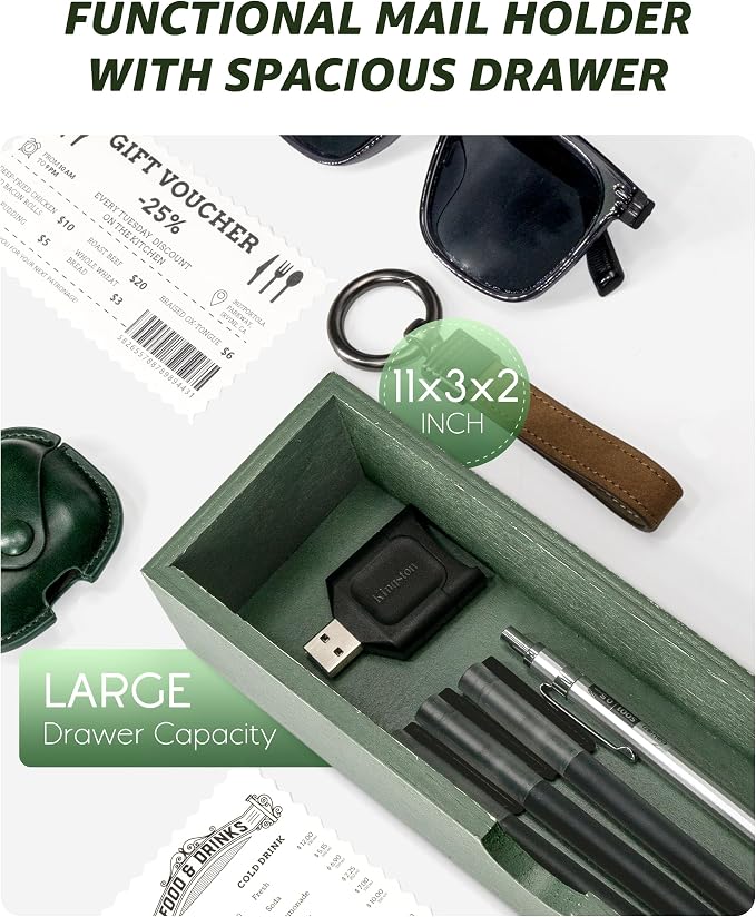 Rebee Vision Mail Organizer Wall Mount with Drawer for Home Decor, Green | Pine Wood, Key and Mail Holder for Wall, 7 Key Hooks, Drawer Organizer, Letter Sorter, Apartment Essential, Room Decor
