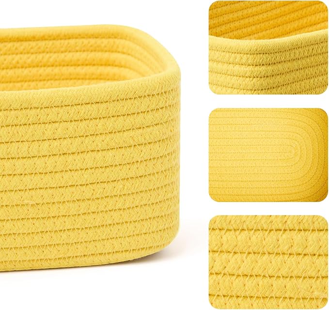 MiniArk Small Storage Baskets for Organizing | Closet Organizer Bins | Shelf Toy Basket | Woven Rope Baskets | Cube Decorative Box | Shallow Basket | 11.5x7.5x4.7” | 4 Packs Yellow