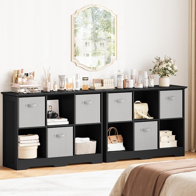 6 Cube Storage Organizer Shelf, Wood Cubby Storage with 3 Fabric Drawers | 2 Tier Wooden Bookshelf with 2 Adjustable Shelves, Fluted Side Panels Bookcase for Bedroom, Living Room, Home Office, Black