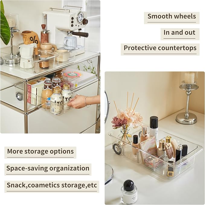 Roll-Out Refrigerator Organizers and Storage, 3 Pack Drawer Fridge Bins | Adjustable Dividers, Custom Compartments, Silicone Wheels, Smooth Sliding on Glass Shelves, Thick Plastic, Built-In Handle