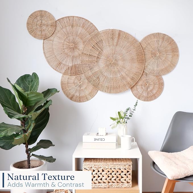 CHI AN HOME Wicker 23 Inch Jute Wall Decor Baskets, Set of 6 Extra Large Woven Jute Wall Plates, 23",21",15",13",12,10", Decorative Baskets for Wall Arts, Wall Hanging for Bedroom, Living Room, Office | 23", 21", 15", 13", 12", 10" Natural Handwoven Ju...