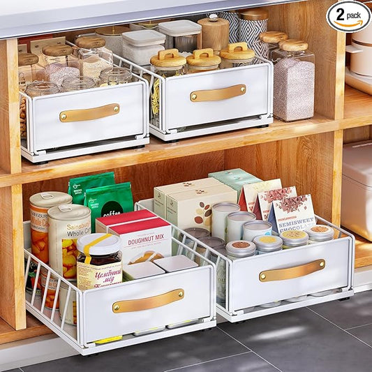 2Pack Pull out Cabinet Organizer,Heavy Duty Slide out Pantry Shelves Drawer Storage with Adhesive Nano Film,Sliding Mesh Basket with Handle for Kitchen, Bathroom, Home, 11.8W" X 15.7"D X 6.2"H,White