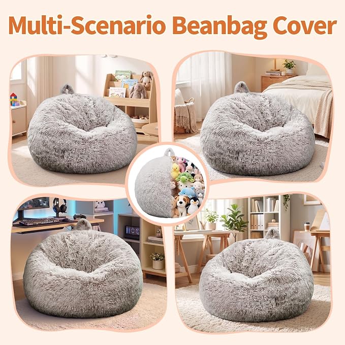 Stuffed Animal Storage Bean Bag Chair Cover, Soft Bean Bag Cover | Fluffy Faux Fur Stuffed Animal Storage Chair, Non-Slip Bottom, Fill with Plush Toys or Blankets, for Kids Teens Adults Girls