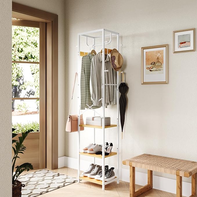 ELYKEN Coat Rack Freestanding, Hall Tree with 3 Shelves and 12 Hooks | Industrial Metal Frame, Space-Saving Design, Clothes Rack Stand Organizer for Bedroom, Hallway, Entryway, Office, Living Room