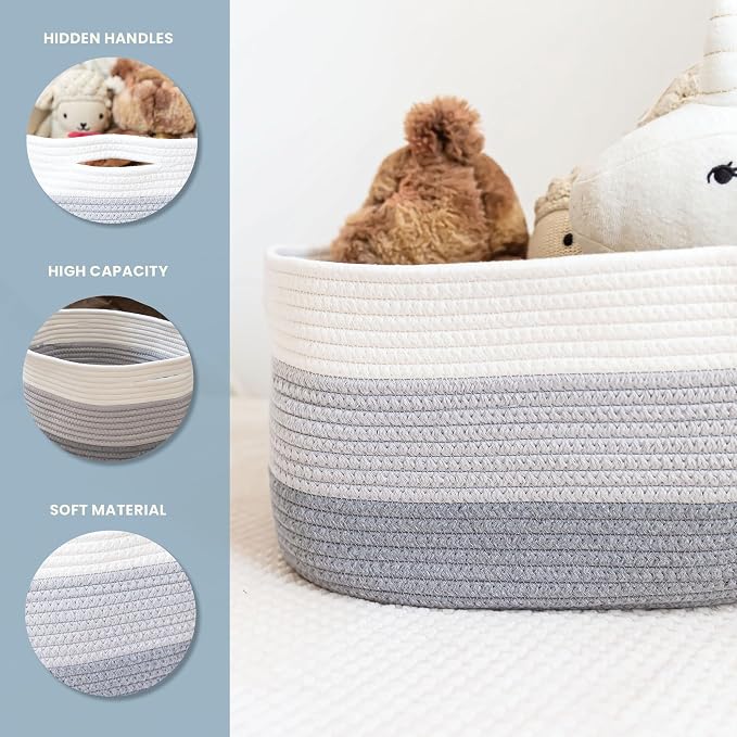 OrganiHaus Cotton Rope Baskets for Shelves, Set of 3, 15x9x10 | Handwoven; a toy bin and organizer for towels, books, or blankets; fits nursery, playroom, or bedroom decor