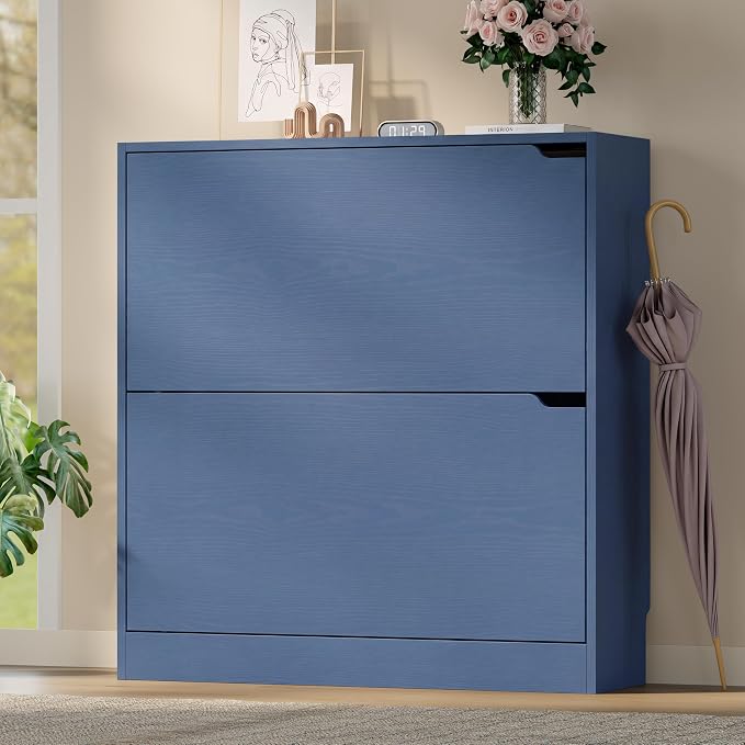 BORNOON Shoe Cabinet with 2 Flip Drawers, Slim Narrow Shoe Storage Cabinet, Freestanding Shoe Organizer with Adjustable & Removable Shelves, Top Display Shelf for Entryway, Hallway, Foyer, Closet