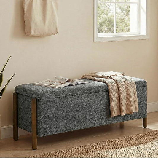 Usaint Wooden Storage Ottoman Bench, 47" Fabric Upholstered End of Storage Bench with Rubberwood Legs, Entryway Bench with Storage for Bedroom, Living Room, Reception, Cloakroom, Charcoal