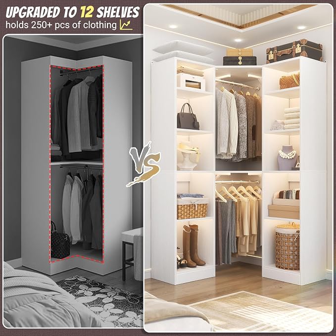 Besiost Corner Closet System with 12 Shelves, 39.2" Corner Closet Organizer | Corner Closet Tower with 2 Hanging Rods, Versatile 6-Tier Walk-in Closets for Corner Space, White (39.2" L x 39.2" W x 80" H)
