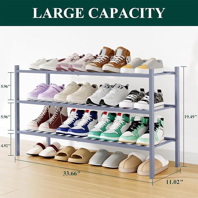 Smiry Bamboo Shoe Rack, 12 Vertical Slats, 3 Tier - 33.7" Wide, Grey | Stackable Free Standing Wooden Shoe Organizer, Wood Shoe Storage Shelf for Closet, Entryway