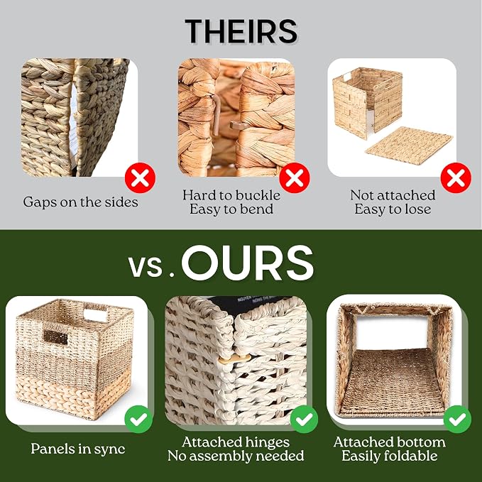 CHI AN HOME 12x12 Baskets for Cube Storage, Wicker Cube Storage Bins Set 4 | 12x12x12 Storage Bins, Foldable Square Baskets For Cube Shelves, Kallax Woven Bins, Versatile Storage, Natural Water Hyacinth