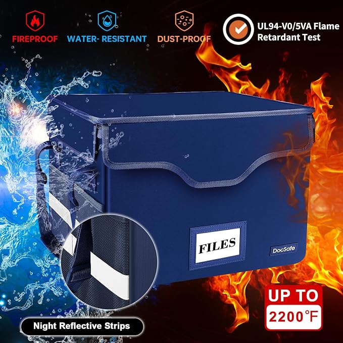 DocSafe Fireproof Document Box with Lock,File Storage Organizer with Pockets,Collapsible Portable File Box Home Office Safe Filing Cabinet with Handle for Hanging Letter/Legal Folders,Blue,2 Pack