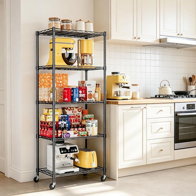 REGILLER 5-Wire Shelving Metal Storage Rack Adjustable Shelves,Standing Storage Shelf Units for Laundry Bathroom Kitchen Pantry Closet(Black,11.8" D x 21.2" W x 55" H,With Wheels)