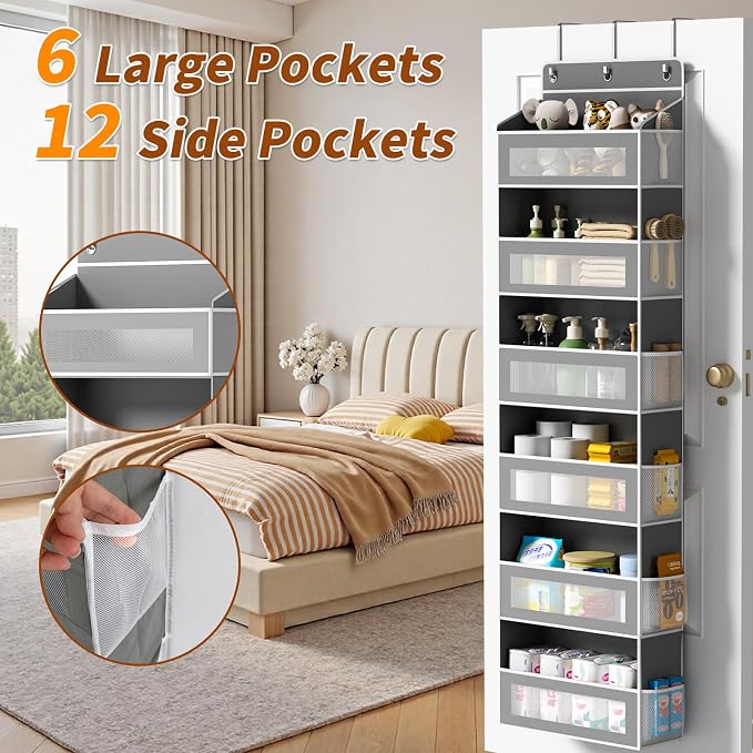 AQOOA 6-Tier Over The Door Organizer 44 lbs Capacity fit Standard Doors | Over the Door Storage 6 Large 12 Side Pockets Behind Door Storage, Closet Door Organizer Hanging Shelf, Grey