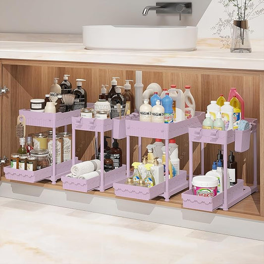Sevenblue 4-Pack 2-Tier Under Sink Organizer with Pull Out Drawers | Multi-use kitchen & bathroom storage. Includes hanging hooks and cups. Pink, space-saving cabinet design. 12.8 Inch