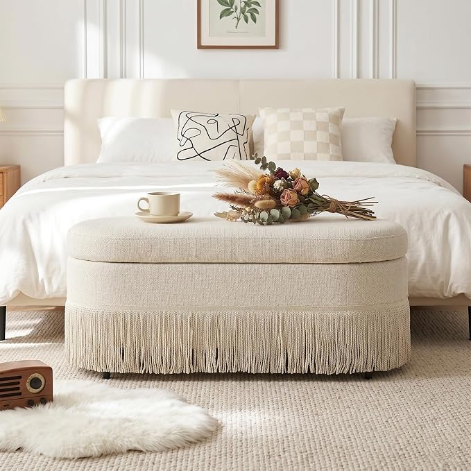 39.4“ Boho Storage Ottoman Bench with Tassels,Upholstered End of Bed Bench | Linen Oval Ottoman with Storage, Entryway Foot Rest for Bedroom, Lift-Top Lid with Safety Hinge, Living Room, Beige