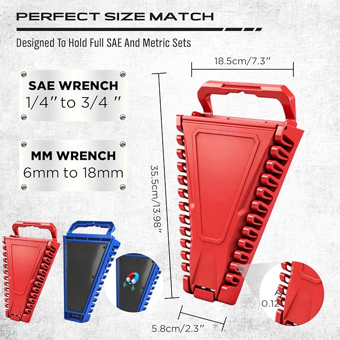 8-Piece Magnetic Socket and Wrench Organizer Set, Metric & SAE, 1/4", 3/8", 1/2"Drive Detachable Socket Storage Tray, 24-Slot Wrench Holder with Non-Slip Handle & Lock Cover for Toolbox Drawer Storage