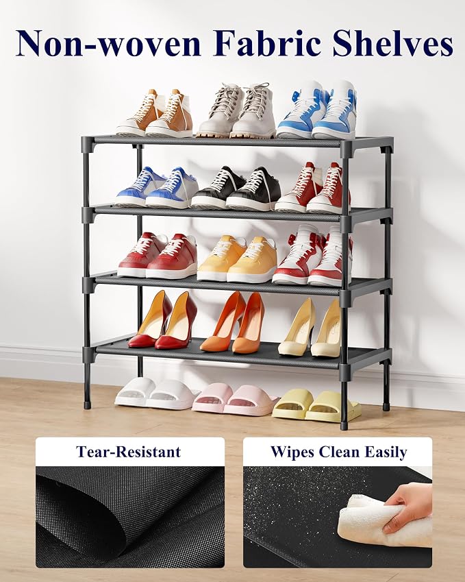 Kitsure Shoe Rack - Non-Woven Shoe Rack Shelf, Shoe Organizer for Closet, Entryway, Garage & Corridor, Stackable Shoe Shelves, X-Large, Black | Shoe Organizer for Closet, Entryway, Garage, Stackable Shoe Shelves, college dorm&apartment essentials