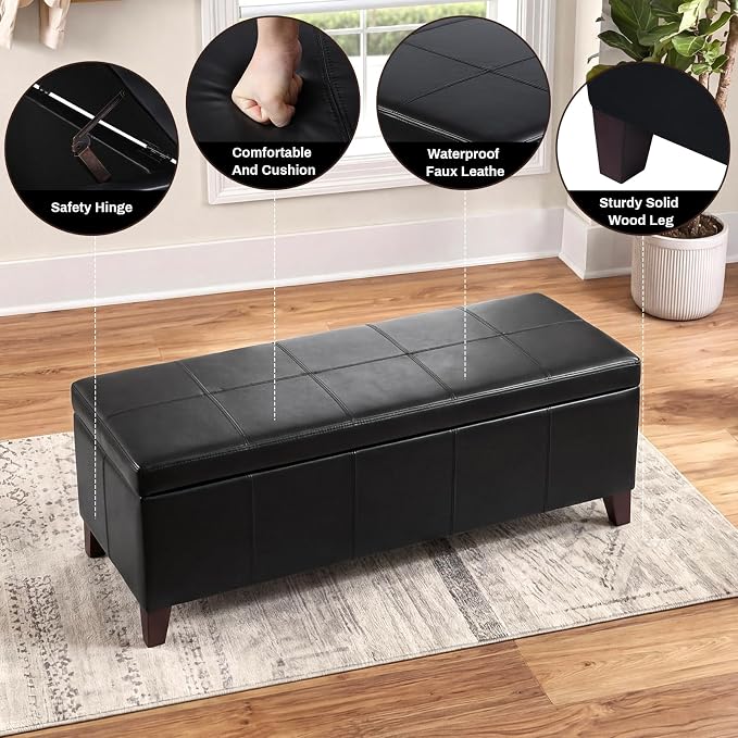 51" Black Faux Leather Storage Ottoman Bench | Foot Rest with Hinged Lid, Long Rectangle Bed Bench for Living Room, Bedroom, Entryway