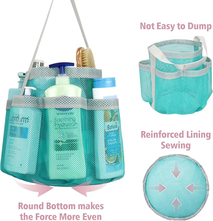 Mesh Shower Caddy Portable - 7 Pockets Large Shower Bag for Dorm, Camping | S-Hook, Quick-Dry, Hanging Toiletry Organizer, College Dorm Room Essentials for Girls, Gym, Travel & Bathroom, Mint Green