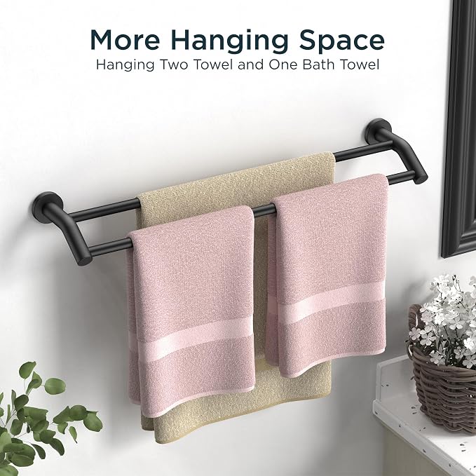FORIOUS Double Towel Bar 24", Bathroom Towel Holder Rod Wall Mounted Black | Heavy Duty Towel Racks for Bathroom Bedroom, Space Saving, Rustproof, Stainless Steel Towel Holder, Total Length 26 Inch