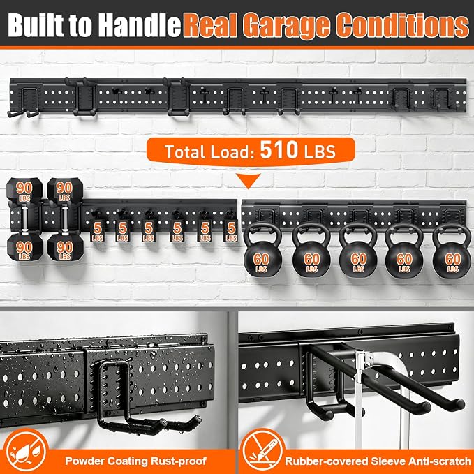 Garage Tool Organizer Wall Mount 66 inches with 13 Adjustable Heavy-Duty Hooks, Garage Organization, Garden Tool Storage Rack for Garage, Yard, and Shed, Holds Up to 520 lbs