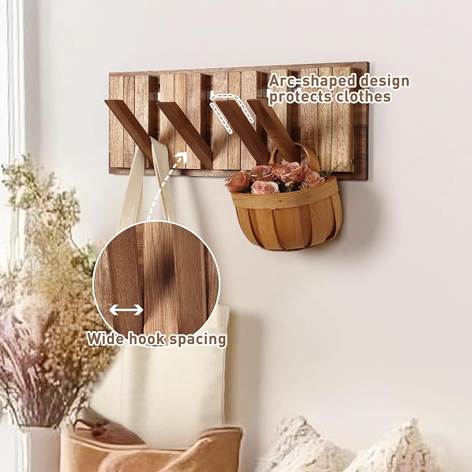 Wall Coat Rack for Entryway: Folding Wood Rustic 8 Hooks | 16.5inch Piano Hanger for Small Space Bathroom Hallway for Towel Backpack Jacket - Farmhouse Design Decor (Neat Style)