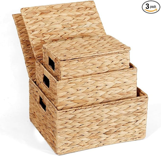 Wicker Storage Baskets with Lids,Multi-size 3 Pack Natural Water Hyacinth Wicker Nesting Baskets,Decorative Storage Ratten Boxes for Organizing,Storage,and Gifts
