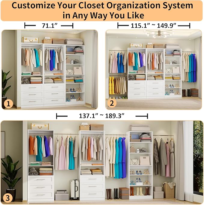 Closet System with 3 Sets, 6-15.8FT Custom Closet Organizer System with 6 Drawers & 8 Shelves & 5 Hanging Rods, Max 189"W Closet Shelving System, Walk in Closet Organizers and Storage System, White