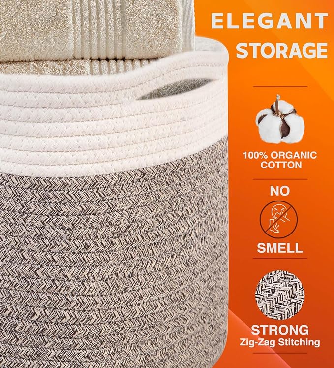 CHAT BLANC Cotton Rope Baskets for Organizing | Storage Baskets for Shelves | Rope Basket for Storage, Small Laundry Baskets, Woven Baskets for Storage, Dog Toy Bin, Baby Basket,Off White&Brown 3 Pack