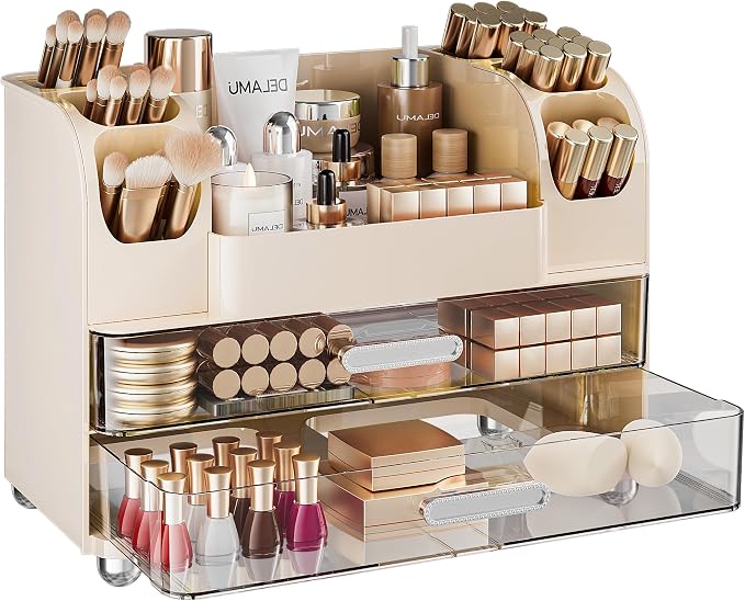 Delamu Large Makeup Organizer Countertop with 6 Brush Holders, Makeup Organizers for Vanity with 2 Large Drawers, Easy to Store Skincare, Lipsticks, Nail Polishes, Eyeshadow Palettes, Cream White